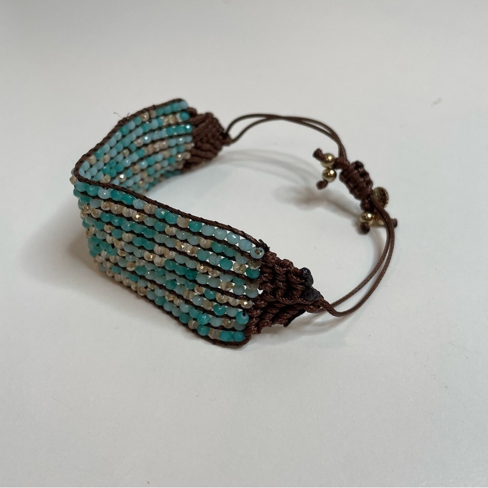 Marlyn Schiff Adjustable Glass Bead Bracelet Blue and Brown NWOT - Picture 2 of 5